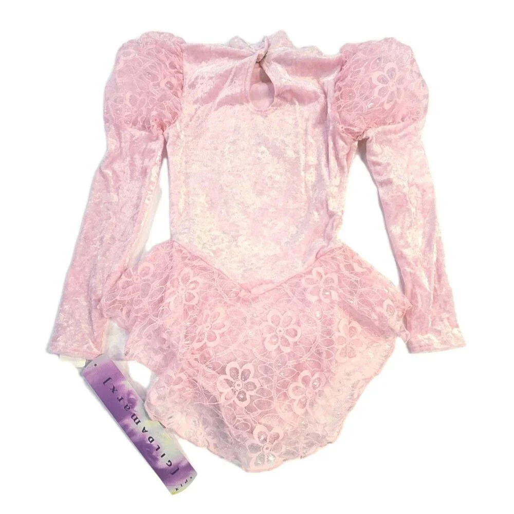 Gikda Marx VTG Kids High Neck Velvet Lace Skirted Princess Pink Leotard Sz 6X/7